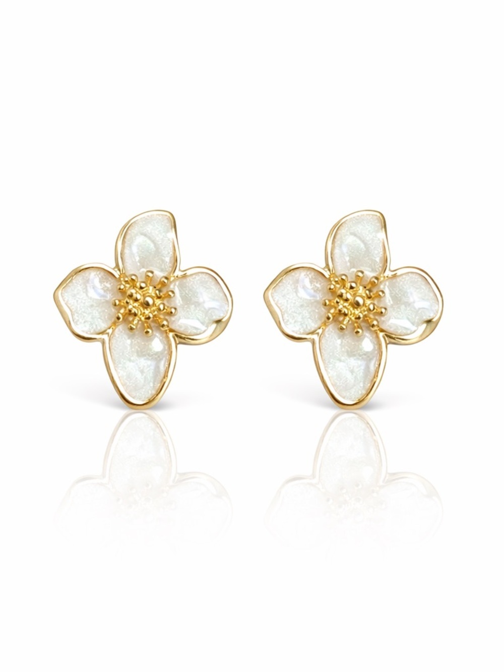 Gold & White Floral Stud Earrings